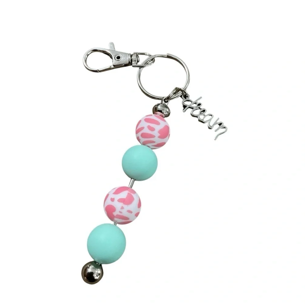 Pink and Mint Beaded Keychain / Bag Charm